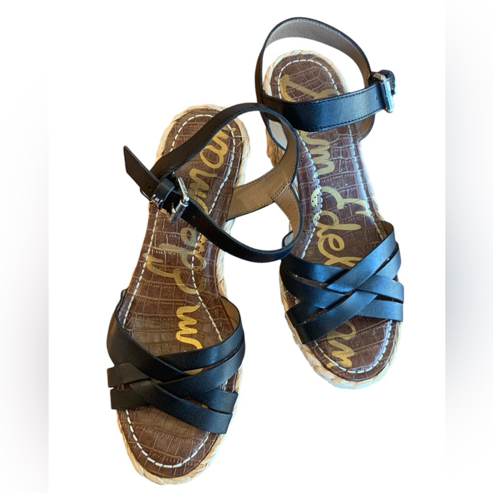 Sam Edelman Darline Black Leather Wedge Sandal Espadrilles Size 9.5M
